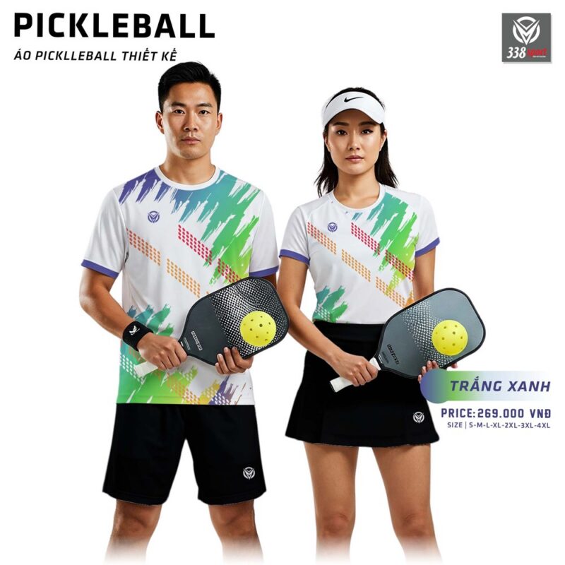 Áo Pickleball Màu Trắng Xanh Chất Vải Co Dãn Thoáng Mát