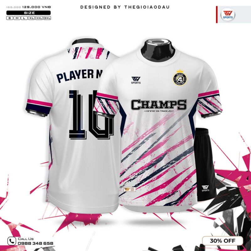Áo Bóng Đá CHAMPS Trắng - Họa Tiết Sọc Hồng Neon Cá Tính